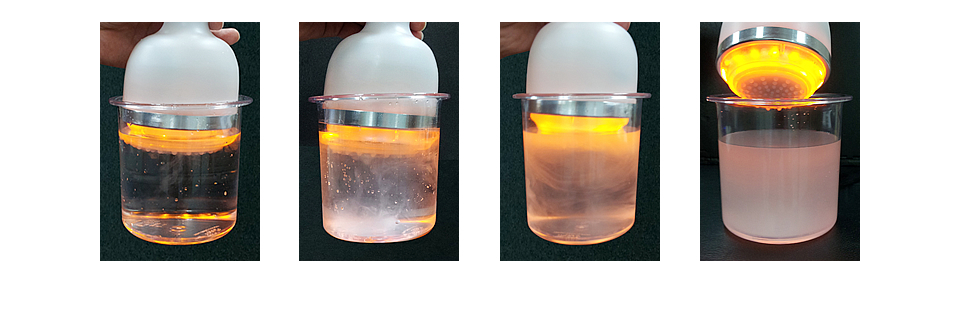 キャビリポGT（CAVI-LIPO GT）が照射するキャビテーション威力！
水とサラダ油をビーカーに入れキャビテーションをあてると、約２分で完全に乳化します。